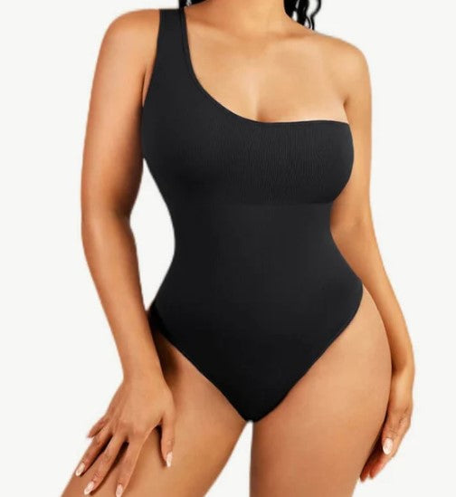Tall Black One Shoulder Strappy Thong Bodysuit